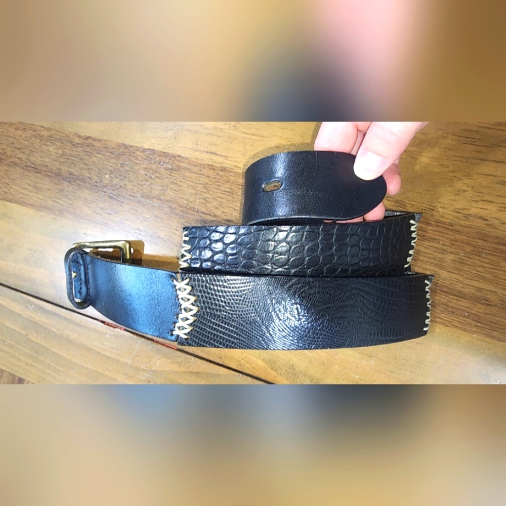 Albatros Black Leather Belt Sz Medium Italian Chunky Buckle Texture 36 Length